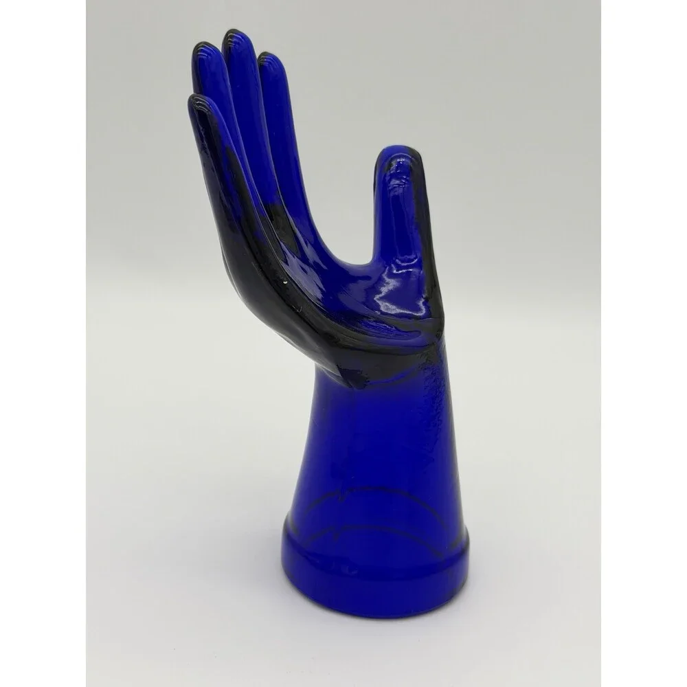 Cobalt Blue Art Glass Ring Holder Jewelry Display Hand 7.5”vintage MCM